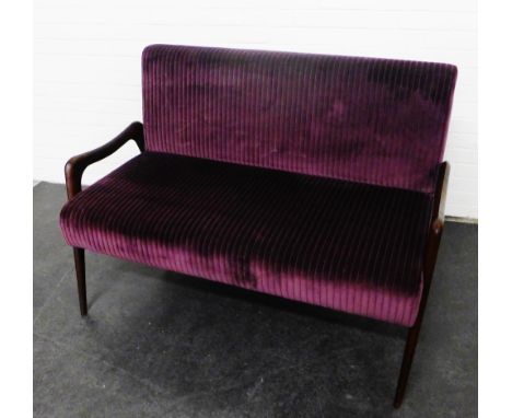 Julian Chichester two-seater Zebra sofa upholstered in purple textured fabric with mid century style dark wood frames, 88 x 1