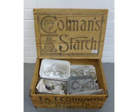 Coleman's Starch wooden advertising box containing a quantity of miscellaneous glass decanter and stoppers, etc 