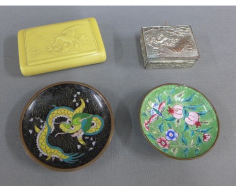 Mixed lot to include a faux ivory box, a Japanese antimony box, a Chinese enamel pin dish and a cloisonne pin dish, (4) 