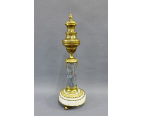 Ormolu and hardstone candlestick with detachable cover and raised on three feet, size overall 31cm 