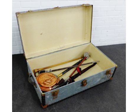 Vintage travel trunk containing a bedpan, parasol and shooting sticks, etc (a lot) 