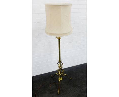 Art Nouveau brass standard lamp and shade, 148cm high