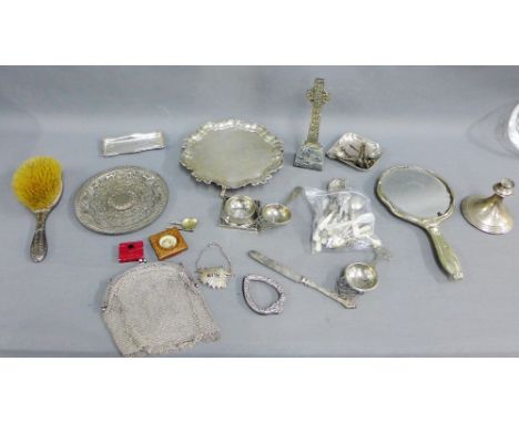 Collection of white metal items to include a salver, strainer, chain purse, decanter label, Iona cross, together with mother 