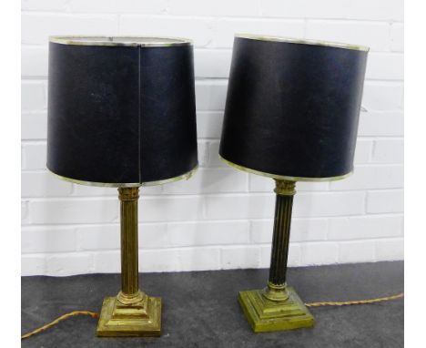 Pair of brass Corinthian column table lamp bases, with shades, 36 cm high (2) 