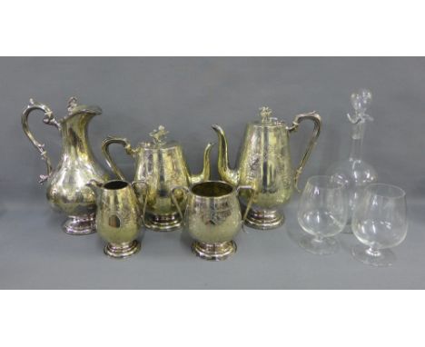 Epns four piece tea and coffee set together with a matching Epns claret jug, a glass decanter and stopper and two brandy glas