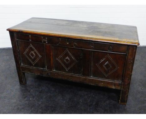 Oak panelled chest / trunk, the front carved with initials and date 1696, 113 x 61cm 