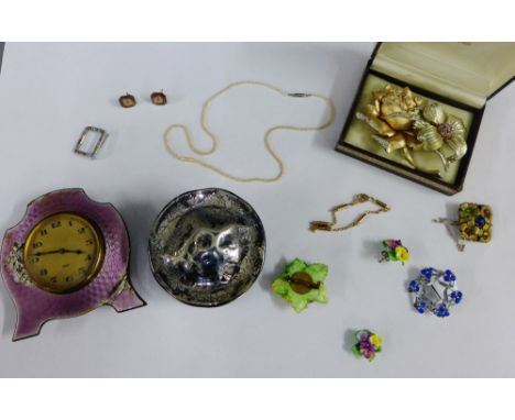 Mixed lot to include costume jewellery, silver trinket box and enamel clock (a/f) (a lot) 