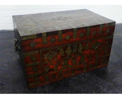Anglo Indian padouk and brass inlaid trunk, the lift up top revealing a lift out tray,  38 x 62cm 