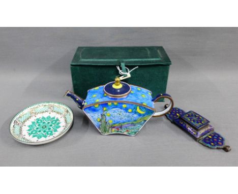 Trade Aid number 550 enameled teapot and cover, together with an Austrian enamel pin dish and an Indian white metal and ename