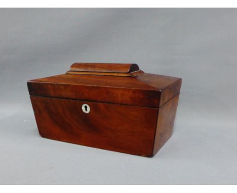 19th century mahogany caddy box of sarcophagus shape with a hinged lid, 30 x 15cm 