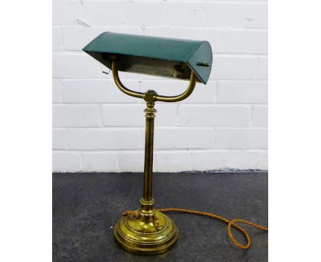 Brass students lamp with green shade, 48cm high 