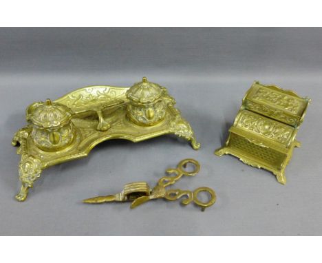 A brass desk ink stand, a stamp box and a pair of candle snuffers, (a lot) 