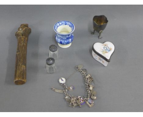 Mixed lot to include a Wedgwood Ferrara blue and white egg cup, a heart shaped enamel box, charm bracelet with some silver ch