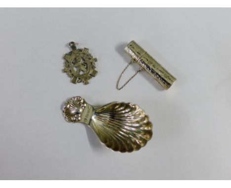 Silver caddy spoon, Birmingham 1964 together with silver needle case and a Chester silver fob medal (3) 