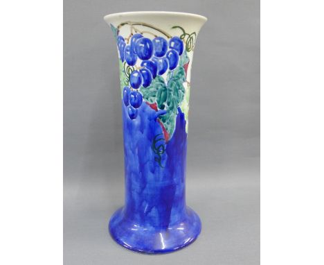 Bough Scottish pottery vase, the blue ground painted with fruit and vine by Elizabeth Amour, with printed backstamps, numbere