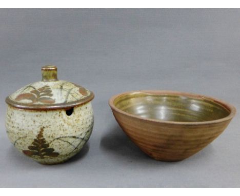 Studio pottery stoneware pot and cover in the manner of David Leach, painted with oak leaf pattern, together with a Studio po