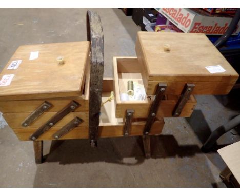 Vintage wooden sewing box, three tiers with legs. Not available for in-house P&amp;P 