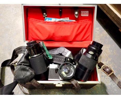 Leather carry case containing Praktica Super TL2 camera with Chris Billis embroidered on strap and lenses. UK P&amp;P Group 2