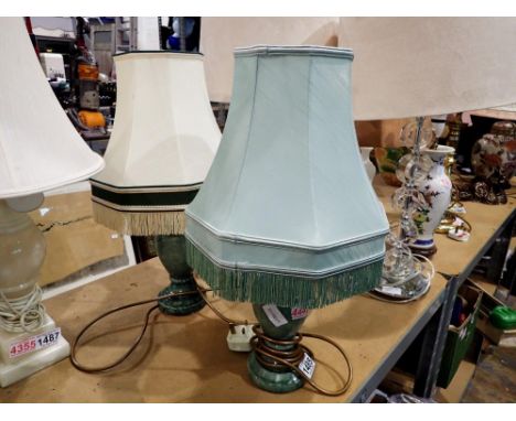 Pair of turquoise blue marble lamps with shades and another. All electrical items in this lot have been PAT tested for safety