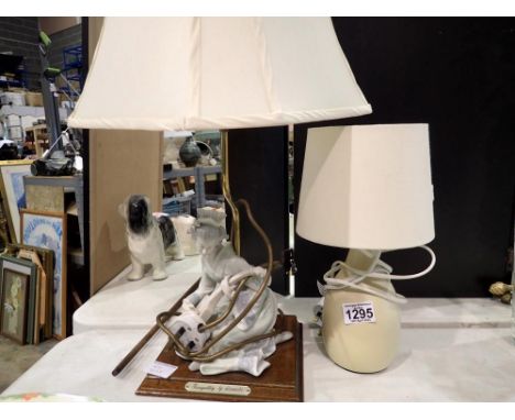 Two lamps with shades, one depicting Tranquillity of Leonardo. All electrical items in this lot have been PAT tested for safe