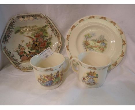 One plate and two cups of Bunnykins pattern with satsuma wall plate. UK P&amp;P Group 2 (£20+VAT for the first lot and £4+VAT