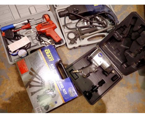 Box of mixed air tools and electrical tools to include soldiering iron. Not available for in-house P&amp;P 