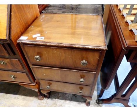 Small walnut chest of three drawers, 74cm H x 46cm L. Not available for in-house P&amp;P 