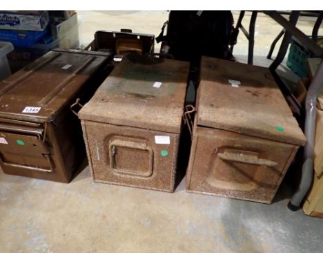 Three metal ammunition boxes, no contents, 48 x 23 x 27 cm. Not available for in-house P&amp;P 