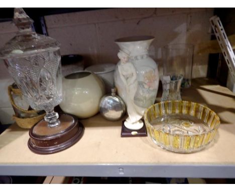 Shelf of mixed ceramics, glass and pewter. Not available for in-house P&amp;P 