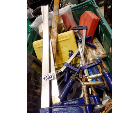 Box of mixed tools to include three F clamps. Not available for in-house P&amp;P 