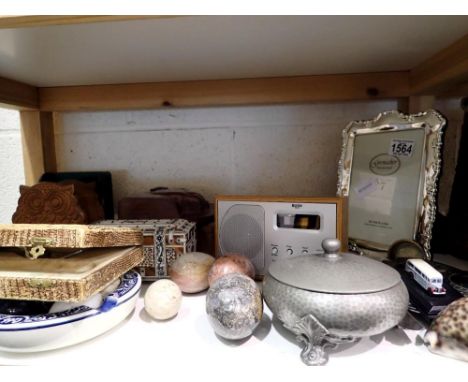 Shelf of mixed items to include a silver plated photograph frame and mixed ceramics. Not available for in-house P&amp;P 