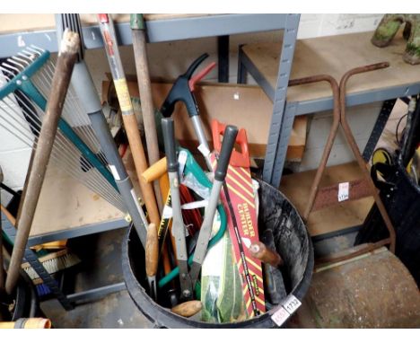 Bin of mixed garden tools, including a Black &amp; Decker Reflex strimmer, bin NOT included. Not available for in-house P&amp