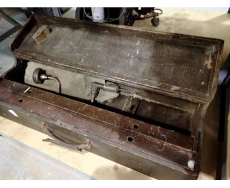 Wooden tool case containing hand drill and accessories, 81 x 32 cm. Not available for in-house P&amp;P 