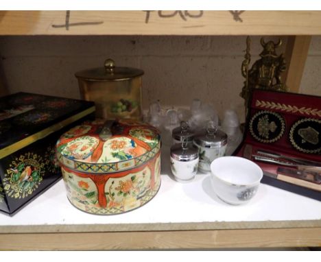 Three decorated tins and three Royal Worcester coddlers. Not available for in-house P&amp;P 