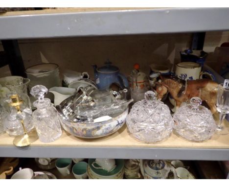 Shelf of mixed ceramics and glass. Not available for in-house P&amp;P 