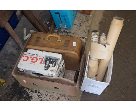 Two boxes containing Cinemax automatic super 8 projector and various school room posters and vintage suitcase etc