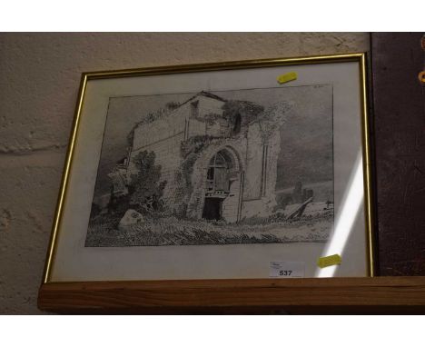 Framed lithograph print of Bromholm Priory, framed and glazed