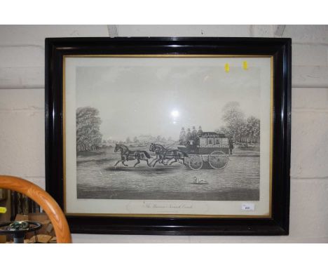 A framed lithograph print Unicorn, Norwich published by J Watson 1830 depicting the Norwich to Cromer coach driven by horseba