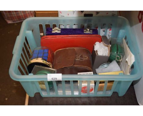 Box of assorted items to include travelling scale set, Rubix cube, Yoyo's, vintage cased hairbrushes and vanity set etc