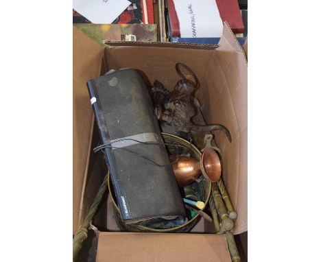 Box of assorted metal ware to include cast iron wall hanging of a bull, fire companion sets, brass wares and Blaupunkt blue t