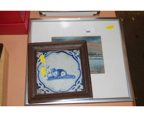 A ceramic 17th Century Delft house tile depicting a scene of a cat in blue and white together with framed watercolour of a Ca