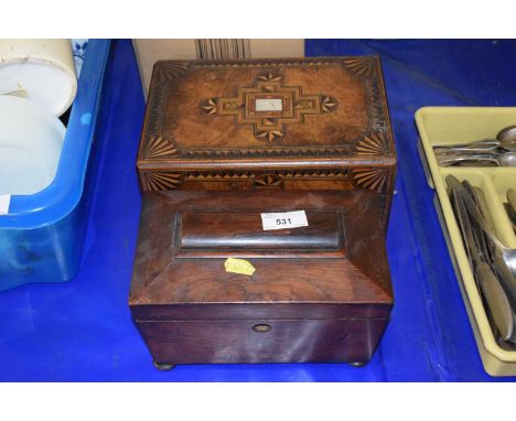Mixed Lot: Tea caddy, mugtree inlaid with mother of pearl, sewing box (both a/f)