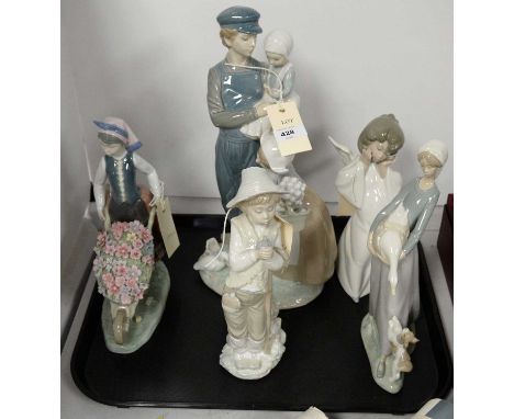A Lladro figure group of a man and children, 37.5cms high (damages); together with three Lladro figures and a Nao figure.  (5
