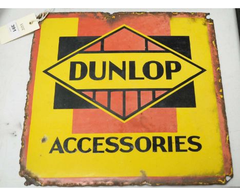 A Dunlop Accessories enamel advertising sign, of square form, inscribed 'Dunlop Accessories', in black on a red and yellow gr