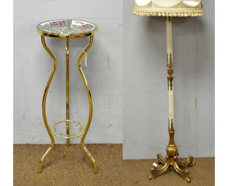 An ornate onyx and brass lamp standard, 189cms high; and a gold metal two tier stand with modern chinese dish.