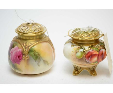 A Royal Worcester blush ivory potpourri and cover, painted with roses (lacking finial to lid); together with another Royal Wo