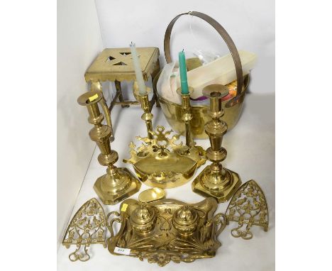 A selection of brassware, including: Art Nouveau brass desk stand, mounted with two inkwells, inset with ceramic liners, 29cm