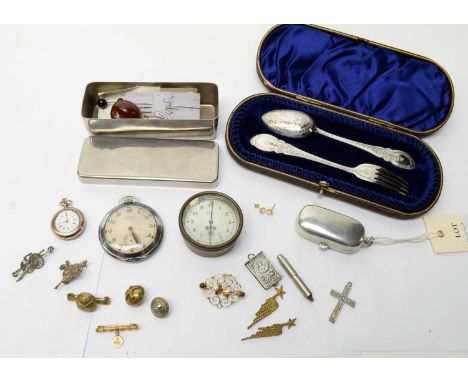 A yellow metal cased fob watch; a silver half and full sovereign case; a silver fork and spoon set by William Wheatcroft Harr