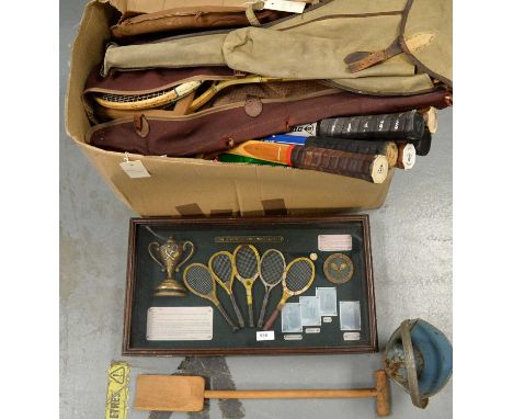 A selection of vintage tennis rackets, by makers including Dunlop, Wilson and Grays; together with other tennis accessories. 