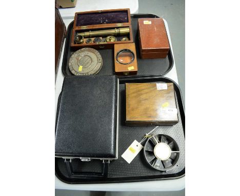 A selection of scientific instruments, including: a student's microscope, in case; A Short &amp; Masons Ltd. velocity meter; 
